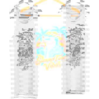 夏休み サメ ビーチ トロピカル サンセット ヤシの木 長袖tシャツ タンクトップ - Kawaiitshirt