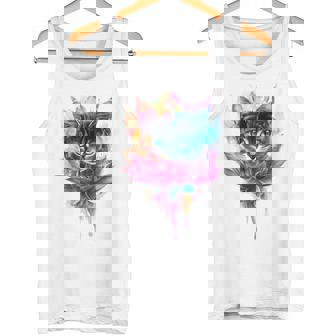 猫 花 カラフル かわいい アート 動物好き グラフィック 猫 タンクトップ - Kawaiitshirt