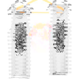 花柄 水彩 虎 花 王冠 虎好き タンクトップ - Kawaiitshirt