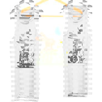 蝶のイースターとデイジーを保持している甘いウサギのウサギ 長袖tシャツ タンクトップ - Kawaiitshirt