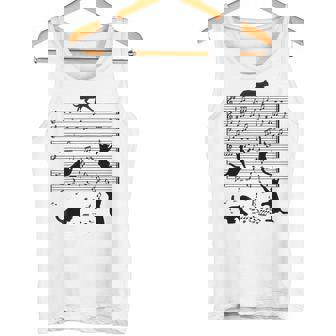 音楽譜上の遊ぶ猫のシルエットデザイン ピアノ音符 遊び心のある猫 猫 ジョーク かわいい 動物好き ギャグ好き タンクトップ - Kawaiitshirt