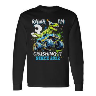 3Rd Birthday Monster Truck Dinosaur Party Boys Rawr I'm 3 Long Sleeve T-Shirt - Thegiftio UK