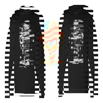 4Th Of July Baseball Drip Ice Cream Cone American Flag Long Sleeve T-Shirt - Monsterry