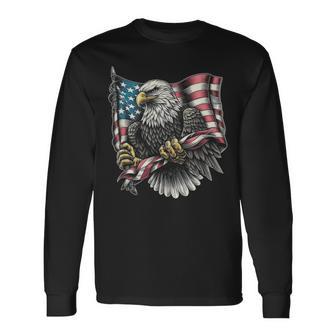 7 月 4 日アメリカ国旗白頭鷲グラフィック アート デザイン 長袖Tシャツ - Kawaiitshirt