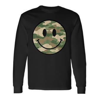 70S Camo Smile Face Smiling Happy Camouflage Lover Long Sleeve T-Shirt - Thegiftio UK