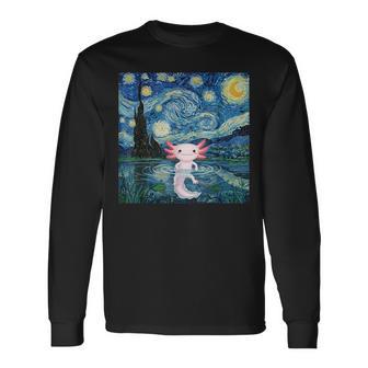Adorable Axolotl Kawaii Van Gogh Style Starry Night Graphic Long Sleeve T-Shirt - Thegiftio UK