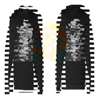 Adorable Chat De Dessin Animé Dans Un Chapeau De Cowboy Avec Tournesols Rustiques T-shirt à manches longues - Cadeauxyz