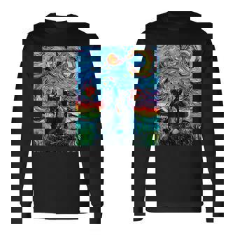 Aja 星月夜に2匹の黒猫 カラフルアート 長袖Tシャツ - Kawaiitshirt