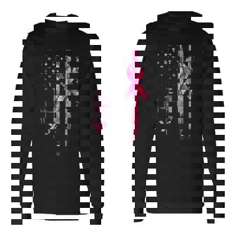 American Flag Pink Ribbon Breast Cancer Awareness Support Long Sleeve T-Shirt - Monsterry