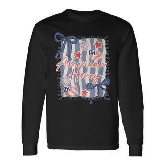 American Honey Flag Coquette Bow Girly 4Th Of July Patriotic Long Sleeve T-Shirt - Thegiftio UK