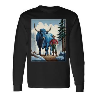 American Lumberjack Folk Hero Paul Bunyan & Babe The Giant Blue Ox In The Woods Long Sleeve T-Shirt - Seseable