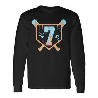 Baseball 7 Year Old Ice Cream Drip 7Th Birthday Boy Number 7 Long Sleeve T-Shirt - Thegiftio UK