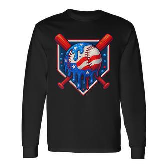 Baseball American Flag Patriotic Red White Blue 4Th Of July Long Sleeve T-Shirt - Thegiftio UK
