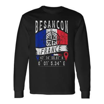 Besançon France Flag Gps Coordonnées De Besançon T-shirt à manches longues - Cadeauxyz