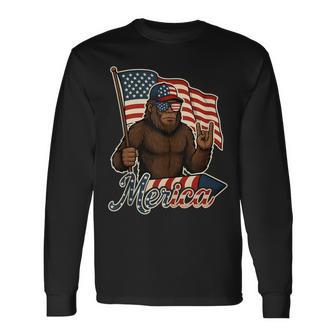 Bigfoot Merica Rock Patriotic American Flag 4Th Of July Long Sleeve T-Shirt - Thegiftio UK