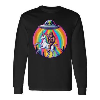 Bigfoot Riding A Unicorn Beamed Up By A Ufo Alien Cryptid Long Sleeve T-Shirt - Thegiftio UK