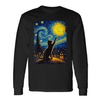 Black Cat Starry Night Van Gogh Cat Cat Mom Cat Dad Long Sleeve T-Shirt - Thegiftio UK