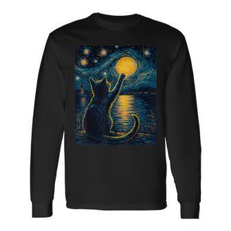 Black Cats Lover Starry Night Vincent Van Gogh Long Sleeve T-Shirt - Thegiftio UK