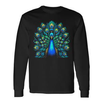 Blue Peacock Colorful Teal Feathers Bird Long Sleeve T-Shirt - Thegiftio UK