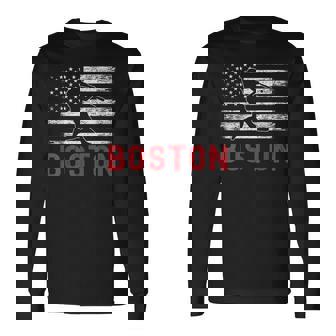 Boston Massachusetts American Flag Baseball Weathered Long Sleeve T-Shirt | Mazezy