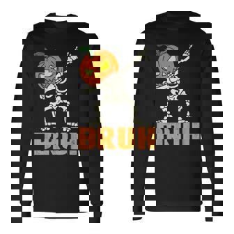 Bruh Skeleton Halloween Dabbing Boys Pumpkin Jack O Lantern Long Sleeve T-Shirt - Monsterry