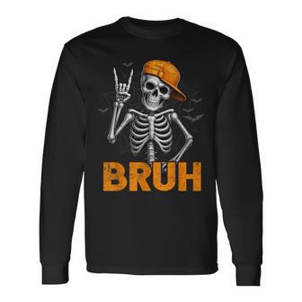 Bruh Spooky Rock Skeleton Halloween Customes Boys Mens Long Sleeve T-Shirt - Thegiftio UK