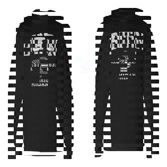 Burton Michigan Mi ヴィンテージ アメリカ国旗 スポーツデザイン 長袖Tシャツ - Kawaiitshirt