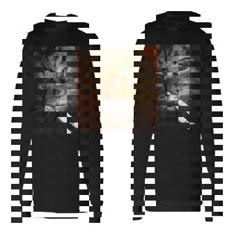 Cat Meme Cat Smoking Cigarette Long Sleeve T-Shirt - Monsterry