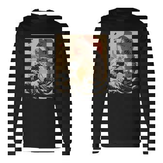 Catzilla 日本の波 ヴィンテージ 夕日 面白い 猫 アート 長袖Tシャツ - Kawaiitshirt