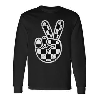 Checkered Peace Sign Hand Racing Flag Race Car Boys Pocket Long Sleeve T-Shirt - Thegiftio UK