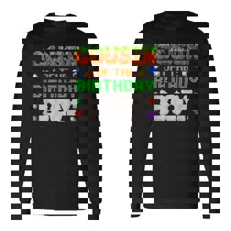 Cousin Of The Birthday Boy Video Gamer Black Boys' Birthday Pixel Number Long Sleeve T-Shirt - Monsterry