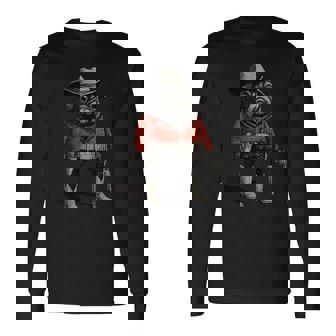 Cowboy Pug Dog Western Outfit Red Pug Cowboy Meme Long Sleeve T-Shirt | Mazezy