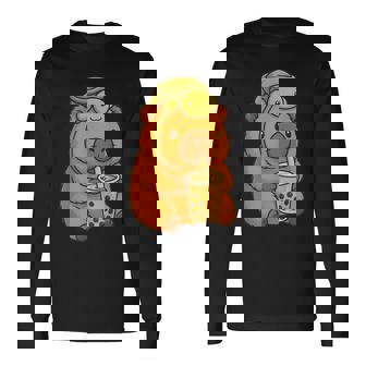 Cute Capybara And Turtle Backpack Boba Tea Kawaii Capibara Long Sleeve T-Shirt - Thegiftio