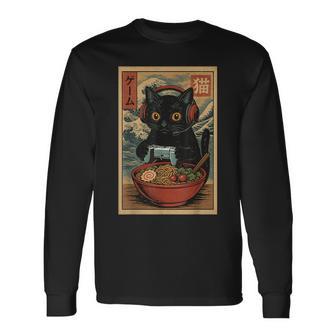 Cute Kawaii Gamer Cat Ramen Retro Japanese Cat Gaming Long Sleeve T-Shirt - Thegiftio UK