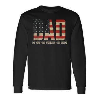 Dad Protector Hero Legend Usa Flag Dad Father's Day Long Sleeve T-Shirt - Thegiftio UK