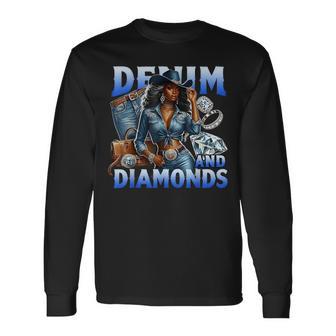 Denim And Diamonds Country Western Party Cowgirl Boots Bling Long Sleeve T-Shirt - Thegiftio