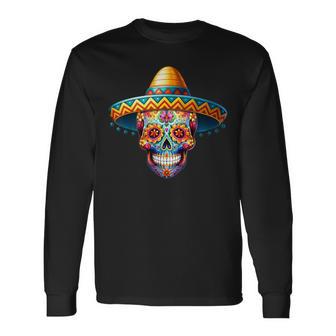 Dia De Los Muertos Sugar Skull Sombrero Day Of Dead Men Long Sleeve T-Shirt - Thegiftio UK