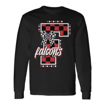 Falcons Checkered Letter School Spirit Mascot Red Game Day Long Sleeve T-Shirt - Thegiftio UK