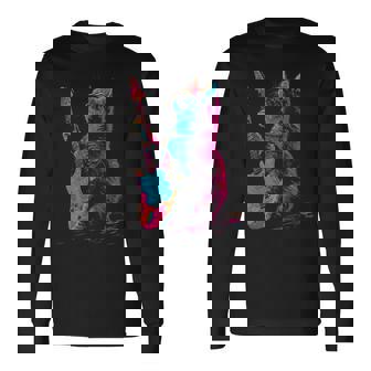 Feline Groove ロックギター 猫デザイン 音楽愛好家向け 長袖Tシャツ - Kawaiitshirt