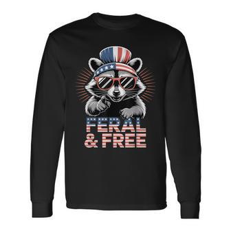 Feral & Free Red White And Feral 4Th Of July Raccoon Meme Long Sleeve T-Shirt - Thegiftio UK