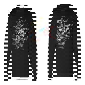 Fishing American Flag Bass Fish Skull Skeleton Fisherman Long Sleeve T-Shirt - Monsterry
