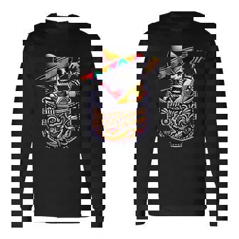 Skeleton Mariachi Guitar Pocket Cinco De Mayo Mexican Long Sleeve T-Shirt - Thegiftio UK