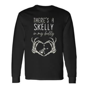 Skeleton There's Skelly In My Belly Pregnant Halloween Long Sleeve T-Shirt - Thegiftio