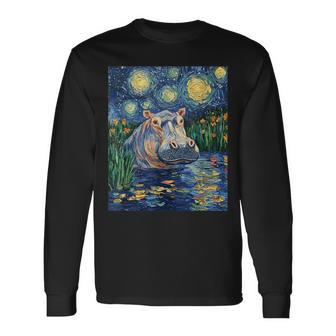 Hippo Hippopotamus Van Gogh Style Starry Night Long Sleeve T-Shirt - Thegiftio UK