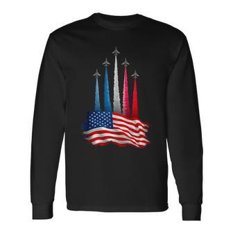 Independence Day American Flag Jet Planes Red White Blue Long Sleeve T-Shirt - Thegiftio UK