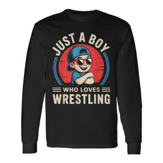 Just A Boy Who Loves Wrestling Retro Vintage Long Sleeve T-Shirt - Thegiftio UK