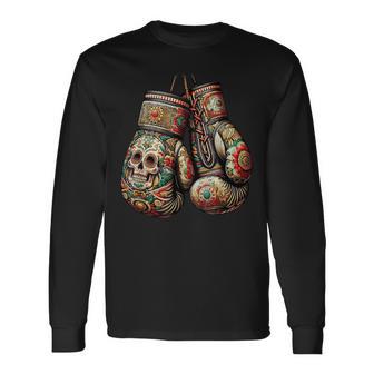 Mexican Vintage Style Boxing Gloves Aztec Mayan Fighter Long Sleeve T-Shirt - Thegiftio UK