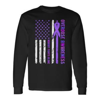 Overdose Awareness In August We Wear Purple Ribbon Usa Flag Long Sleeve T-Shirt - Thegiftio