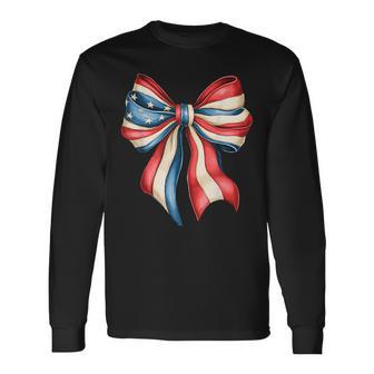 Patriotic Memorial Veteran 4Th Of July Flag Bow Coquette Long Sleeve T-Shirt - Thegiftio UK
