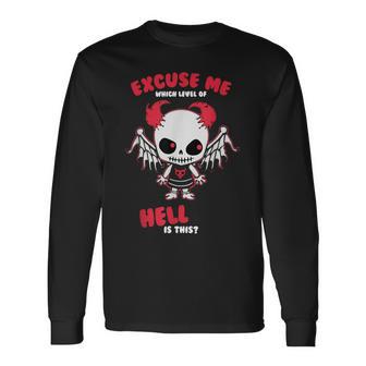 Perdón Qué Nivel Del Infierno Es Este Esqueletoarcástico Camiseta de manga larga - Regaloses